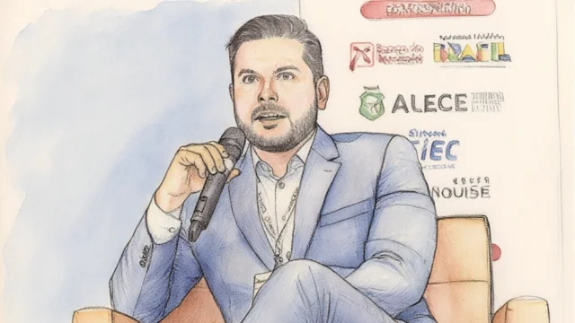 Ilustração artística de André Vasconcellos em estilo aquarela, segurando um microfone durante uma palestra sobre Relações com Investidores e governança corporativa.