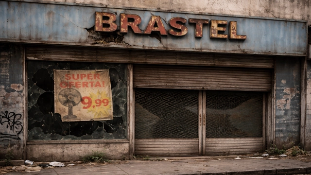 Fachada da loja Brastel, pertencente ao grupo Coroa-Brastel, recriada em IA