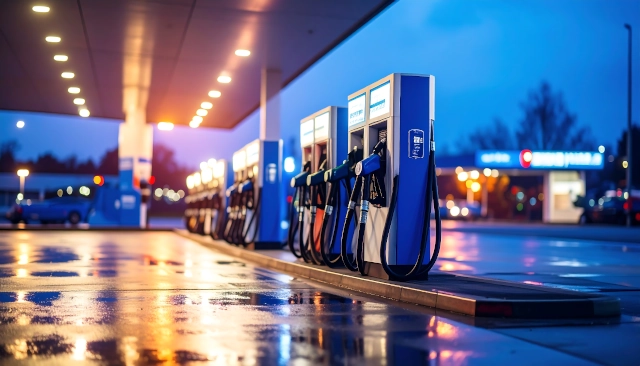 Visão de posto de uma das distribuidoras de combustíveis à noite