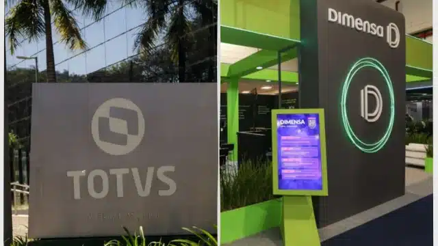 Logotipos da Totvs e da Dimensa posicionados lado a lado sobre um fundo institucional, simbolizando a conclusão da parceria estratégica e a venda da subsidiária para a Evertec em fevereiro de 2026.