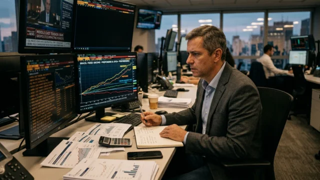 Analista financeiro sênior em um escritório moderno observa múltiplos monitores com gráficos de desempenho de títulos de renda fixa brasileira, com destaque para a performance de ativos prefixados e IPCA+.