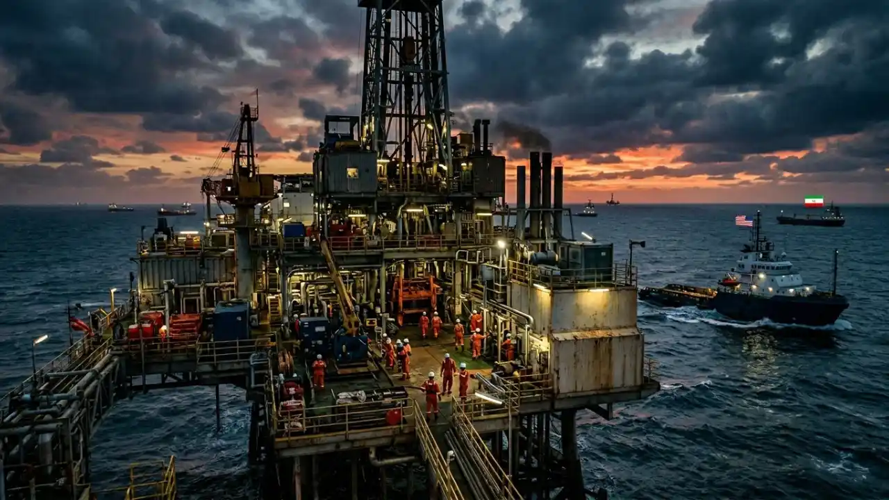 Vista aérea de uma plataforma de petróleo iluminada ao entardecer em alto-mar. Próximo à estrutura, uma embarcação com a bandeira dos Estados Unidos navega à direita, enquanto ao fundo, sob um céu dramático, avista-se um petroleiro com a bandeira do Irã.