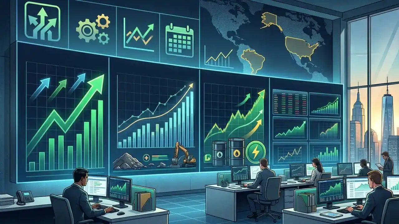 Silhueta de um investidor observando uma grande parede de vidro com vista para o skyline de uma metrópole financeira ao amanhecer. À frente dele, monitores holográficos exibem gráficos de barras, o mapa da Ásia com destaque para a China e os logotipos da Vale e Petrobras.